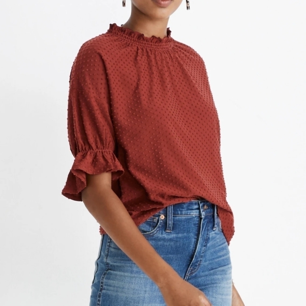 Madewell Clipdot Ruffle Top Blouse Dark Brick